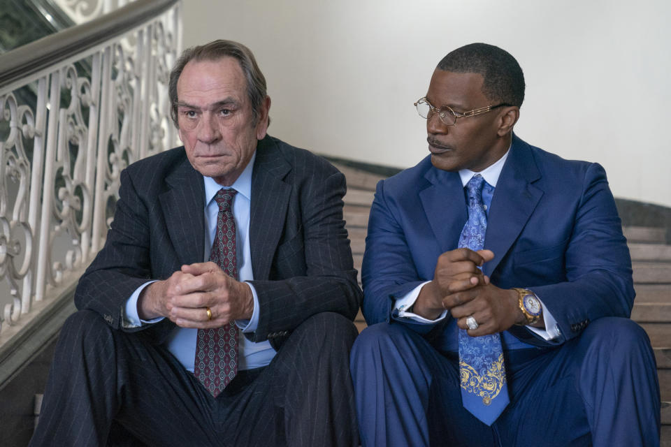 This image released by Amazon Prime Video shows Tommy Lee Jones, left, and Jamie Foxx in a scene from "The Burial." (Skip Bolen/Amazon Prime Video via AP)