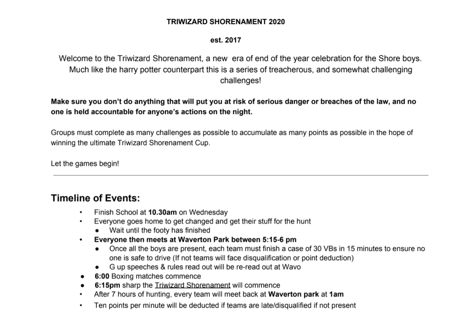 Pictured is the timeline of events for the Triwizard Shorenament event. 