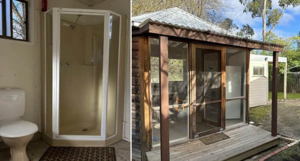 Old toilet and shower in Melbourne property (left) Back verandah on small granny flat in Melbourne yard (right)