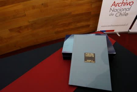 A book of Chile's Civil Police with declassified files relating to Nazi espionage in Chile is displayed after it was made public to be delivered to the archives in Santiago, Chile, June 22, 2017. REUTERS/Carlos Vera