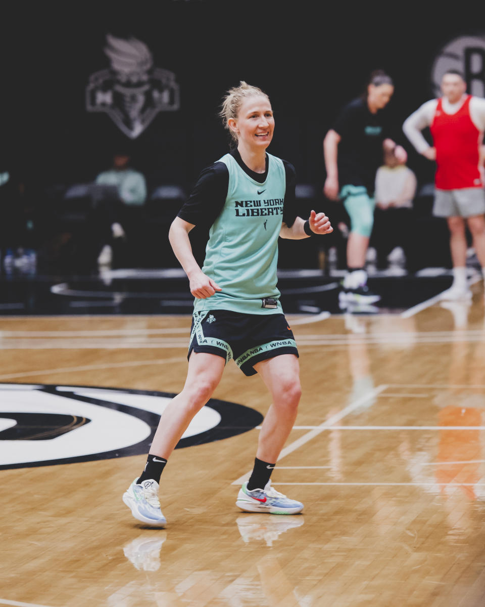 New York Liberty basketball player Courtney Vandersloot takes part in WNBA training camp in Brooklyn, N.Y., April 30, 2023. Vandersloot wasn't sure whether she wanted to come to New York this season to play and solidify the incredible team that the Liberty were building. Coming to New York would mean she'd be far away from her mom, Jan, who was diagnosed with advanced multiple myeloma cancer last July. (New York Liberty/Brandon Todd via AP)