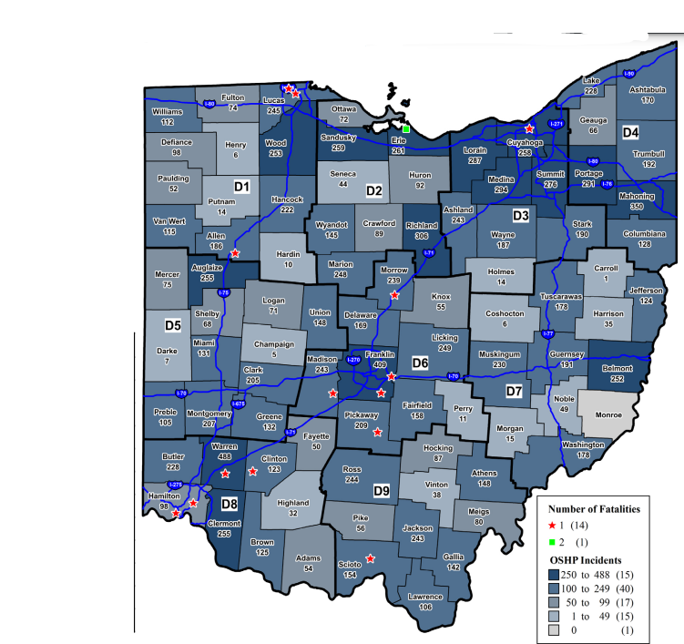 A graphic map of the more than 13,200 incidents the Ohio Highway Patrol responded to from Wednesday through Sunday.