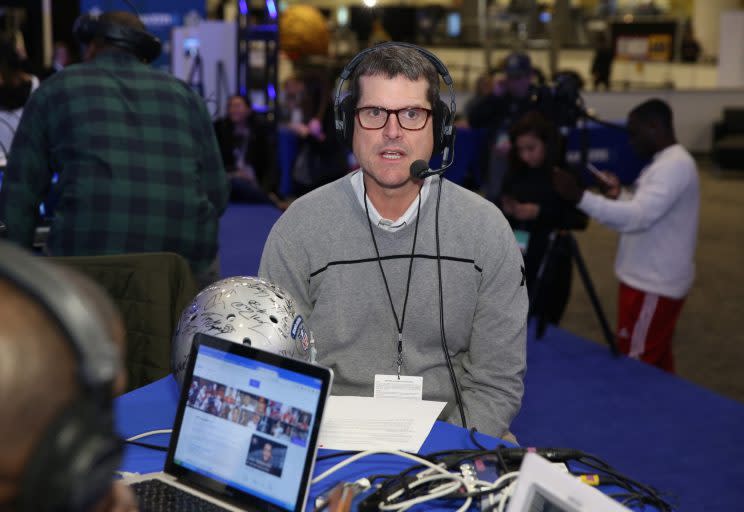 Jim Harbaugh is not pleased with SEC Network radio host Paul Finebaum. (Getty)