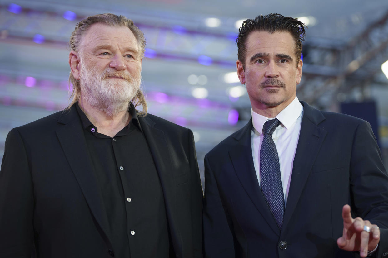 Brendan Gleeson, left, and Colin Farrell pose for photographers upon arrival for the premiere of the film 'The Banshees of Inisherin' during the 2022 London Film Festival in London, Thursday, Oct. 13, 2022. (Photo by Scott Garfitt/Invision/AP)