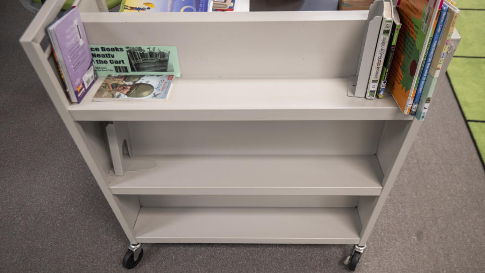 Books sit in a cart in an elementary school library in suburban Atlanta on Friday, 18, 2023. Although not new, book challenges have surged in public schools since 2020, part of a broader backlash to what kids read and discuss in school. (AP Photo/Hakim Wright Sr.)