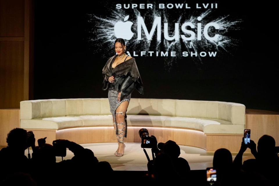 Rihanna poses for a photo after a halftime show news conference ahead of the Super Bowl 57 NFL game in Phoenix, Arizona (Mike Stewart/AP) (AP)