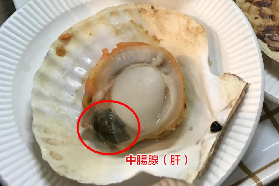 帆立貝的中腸腺容易累積毒素，最好別吃（而且也不好吃）。