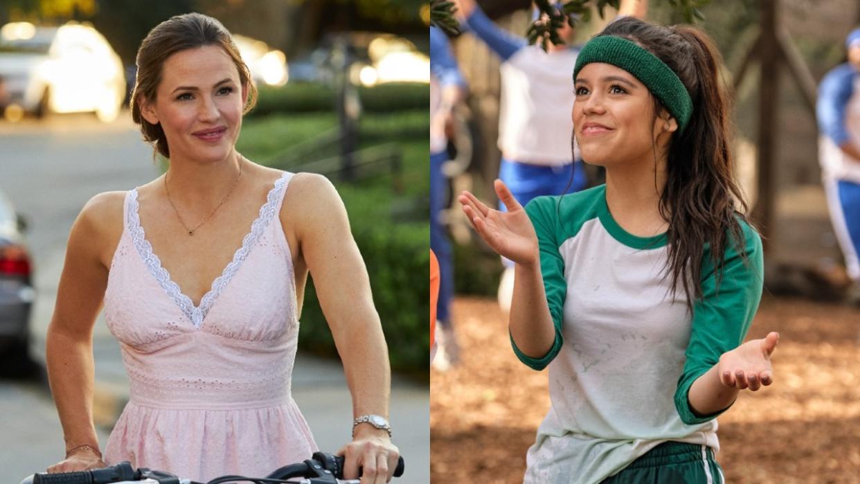  Two press images from Netflix press site of Jennifer Garner walking with  a bike and Jenna Ortega clapping in the Netflix movie Yes Day. 