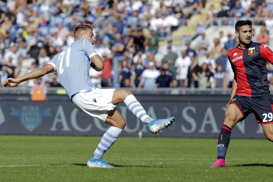 Lazio's Sergej Milinkovic-Savic scores his side's opening goal during a Serie A soccer match between Lazio and Genoa, at the Rome Olympic Stadium, Sunday, Sept. 29, 2019. (AP Photo/Andrew Medichini)