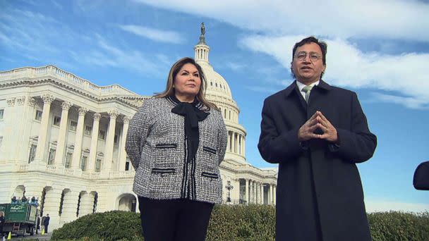 PHOTO: Cherokee Nation delegate Kim Teehee and principal chief Chuck Hoskin, Jr., outside the U.S. Capitol in November 2022. The tribal leaders are lobbying Congress to fulfill a nearly 200-year-old treaty. (ABC News)