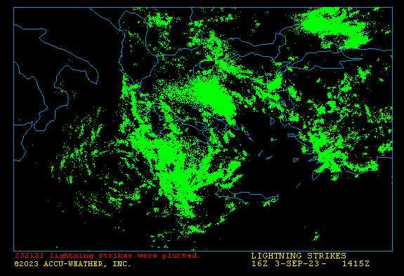 Over 222,000 lightning strikes were detected over Greece, Turkey, the Black Sea, Bulgaria, North Macedonia, Albania, and the Mediterranean Sea in the two days prior to Tuesday evening local time.