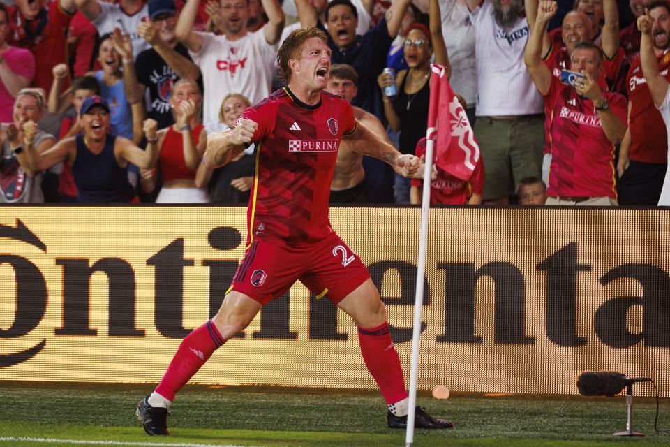 St. Louis City SC defender Tim Parker celebrates after scoring a goal against Austin FC during an MLS soccer match in St. Louis, Sunday, Aug. 20, 2023. (Michael Clubb/St. Louis Post-Dispatch via AP)