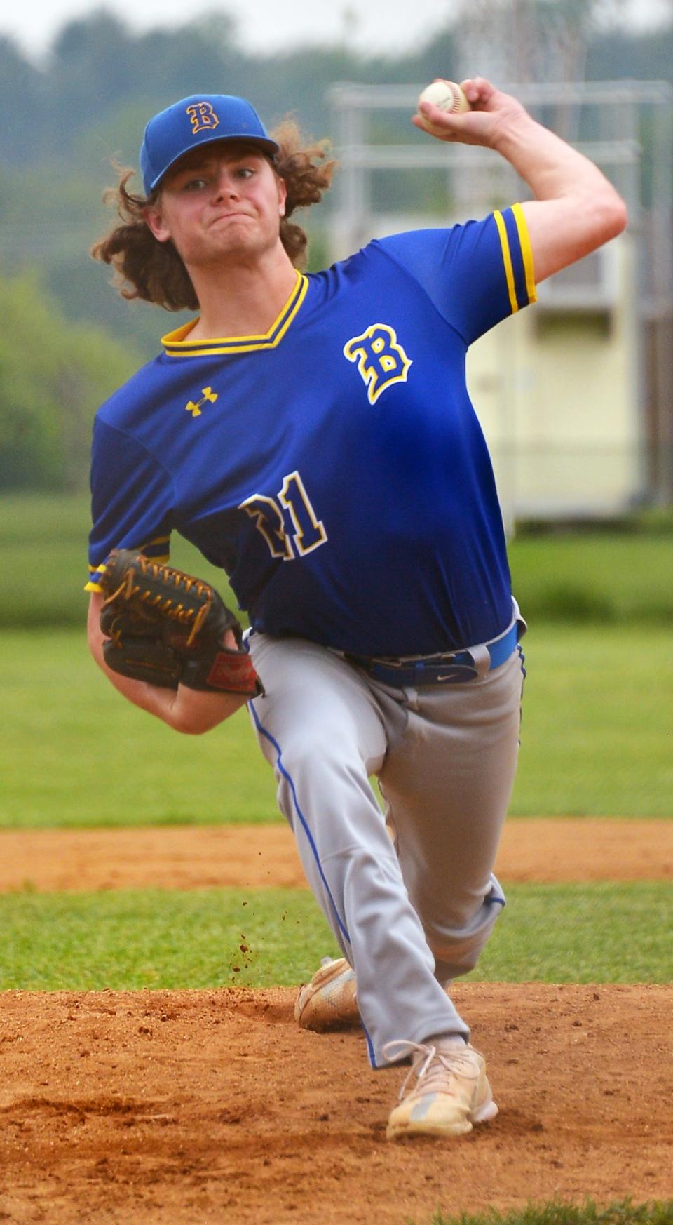 Clear Spring's Clayton Boyer delivers a pitch during the second inning of the Blazers' 5-0 victory over South Carroll in the Class 1A state quarterfinals on May 20. Boyer pitched 4 2/3 scoreless innings.