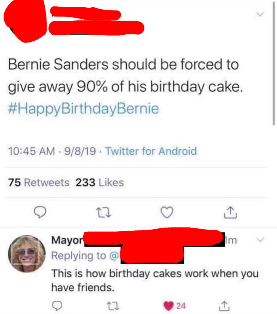 person who says Bernie should give away all his birthday cake for his birthday and  other person replies that's how birthdays work