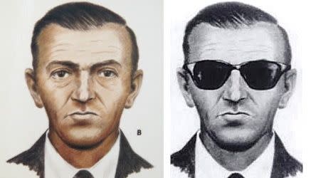 two pencil drawings of a straight faced man, he is in color on the left and wears sunglasses on the right