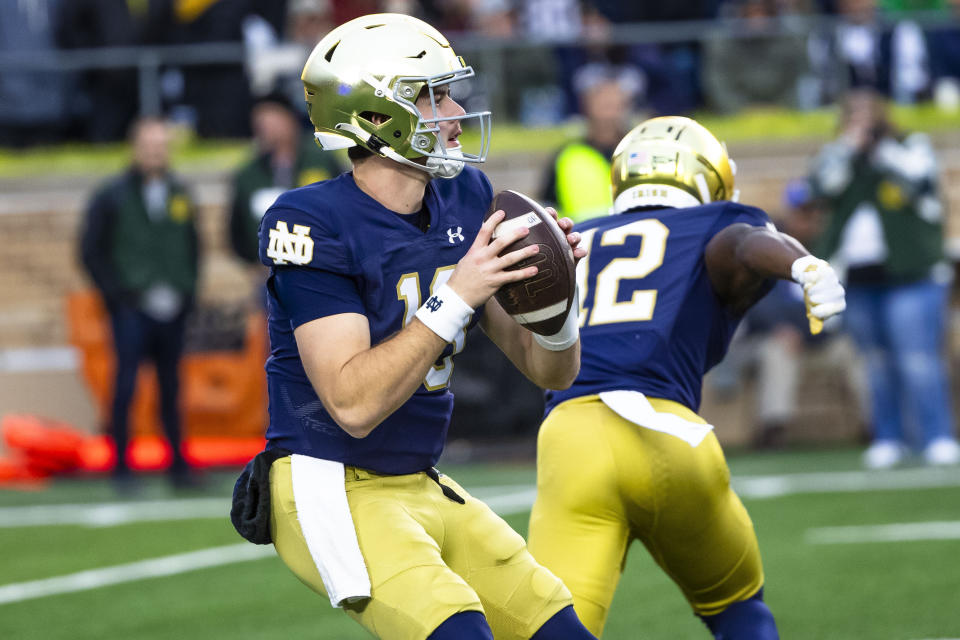 FILE - Notre Dame quarterback Steve Angeli (18) drops back during the second half of an NCAA college football game against Pittsburgh Saturday, Oct. 28, 2023, in South Bend, Ind. The Sun Bowl is matching No. 15 Notre Dame and 21st-ranked Oregon State. (AP Photo/Michael Caterina, File)