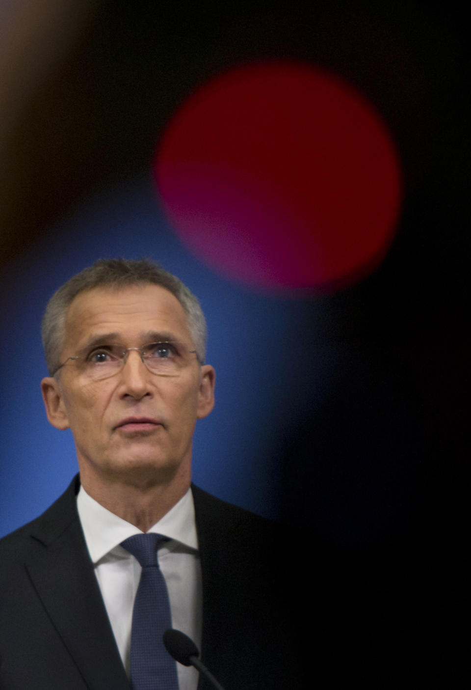 NATO Secretary General Jens Stoltenberg speaks during a media conference at NATO headquarters in Brussels, Monday, April 1, 2019. NATO foreign ministers mark in Washington on Thursday the 70th anniversary of the world's biggest security alliance amid heightened tensions with Russia and years of military stalemate in Afghanistan. (AP Photo/Virginia Mayo)