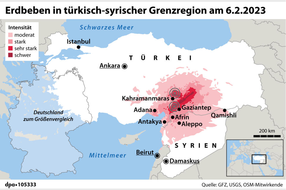 Erdbeben in türkisch-syrischer Grenzregion am 6.2.2023 (Grafik: P. Massow, Redaktion: B. Schaller)