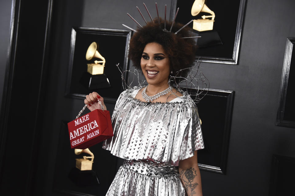 Joy Villa holds a purse that reads "Make America Great Again" at the 61st annual Grammy Awards at the Staples Center on Sunday, Feb. 10, 2019, in Los Angeles. (Photo by Jordan Strauss/Invision/AP)