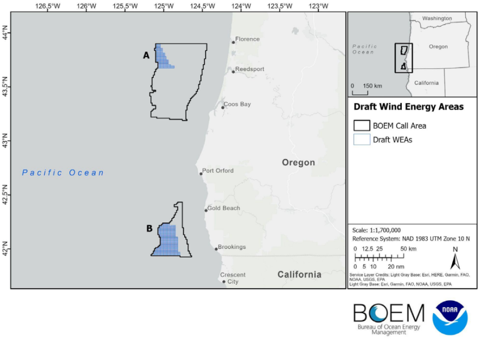 The proposed locations of wind farms off the coast of Oregon. BOEM outlined the areas in black earlier in the project. The agency has since narrowed to the areas highlighted in blue for the planned wind farm locations. Provided by the Bureau of Ocean Energy Management