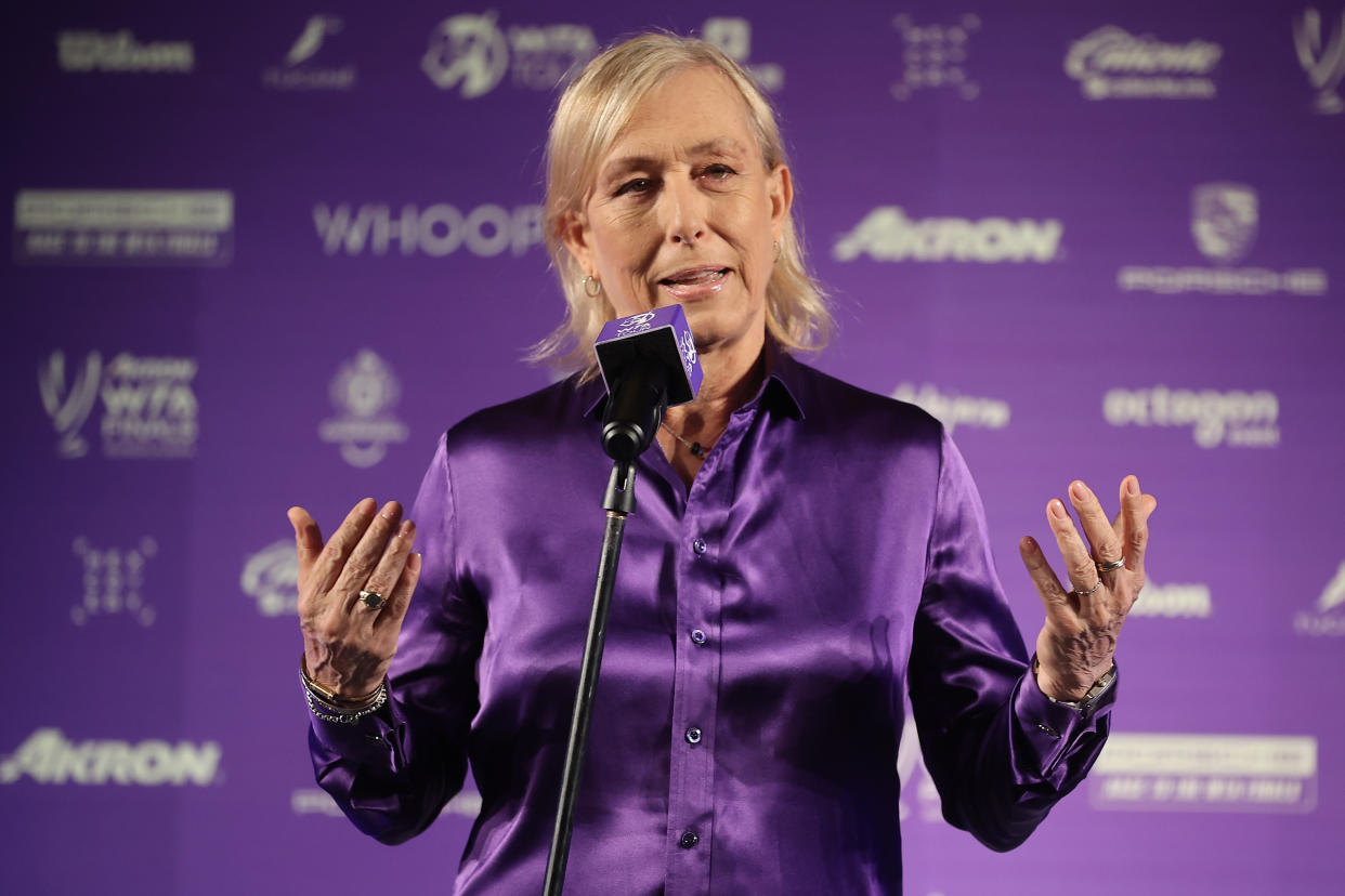 ZAPOPAN, MEXICO - NOVEMBER 08: WTA Legend Ambassador Martina Navratilova attends the Official Draw Ceremony and Gala Evening before the 2021 Akron WTA Finals Guadalajara at Zapopan City Hall on November 08, 2021 in Zapopan, Mexico.  (Photo by Hector Vivas/Getty Images for WTA)