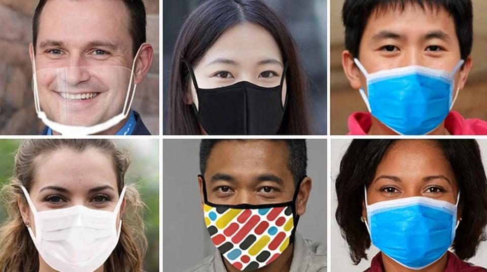 Six different images show various people wearing masks of varying colors, including one without a mask.