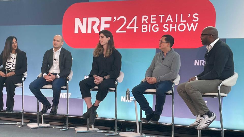 From left to right at a panel on AI at the National Retail Federation meeting in New York: Helen Davis, Kraft Heinz; Sean Barbour, Macy's; Sophie Searcy, Stitch Fix; David Hardiman-Evans, Ocado Group; Martin Gillard, Artell Inc. and moderator of the panel.