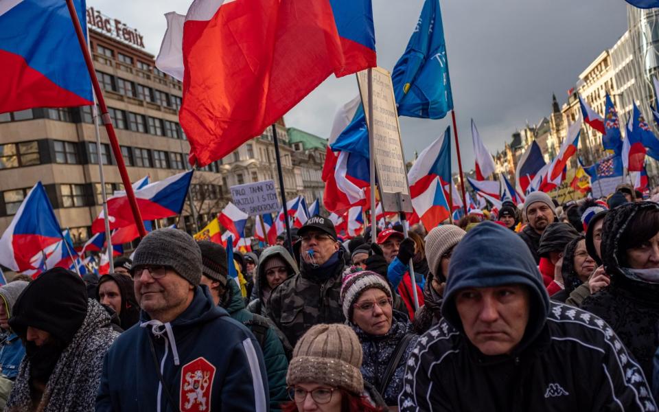 Mandatory Credit: Photo by MARTIN DIVISEK/EPA-EFE/Shutterstock (13810483e) People gather to protest during the anti-government demonstration called 'Czech Republic Against Poverty' at Wenceslas Square in Prague, Czech Republic, 11 March 2023. Thousands of participants attended a protest calling for the government to resign, and they also call on the government to seek a peaceful resolution to the war in Ukraine, including a possible peace conference in the Czech Republic. Protest against Czech government in Prague, Czech Republic - 08 Mar 2023 - MARTIN DIVISEK/EPA-EFE/Shutterstock