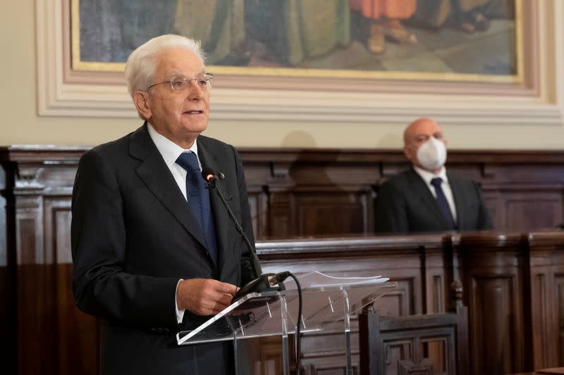 Italian President Sergio Mattarella speaks during a ceremony on the tenth anniversary of the death of former Italian President Francesco Cossiga, at the University of Sassari