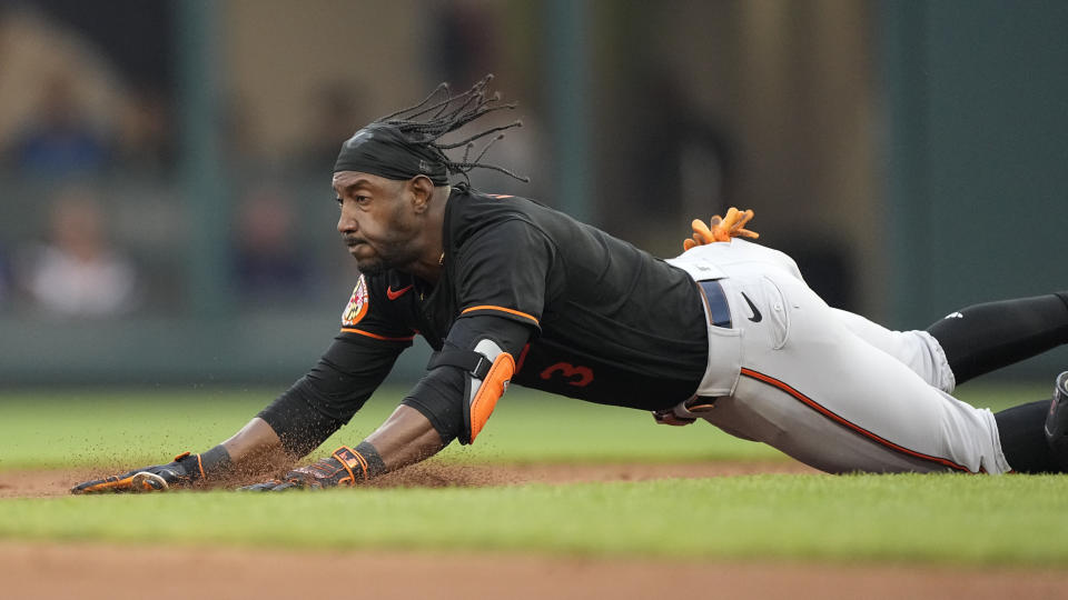 Baltimore Orioles' Jorge Mateo slides into second base with a double in the third inning of a baseball game against the Atlanta Braves, Saturday, May 6, 2023, in Atlanta. (AP Photo/John Bazemore)