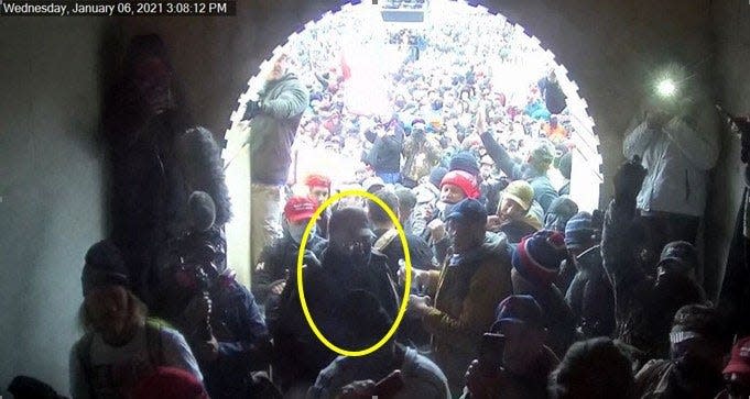 CCTV footage of the Jan. 6 riot shows Bernard Sirr (circled) as he entered the tunnel leading to the U.S. Capitol from its Lower West Terrace at 3:08 p.m.