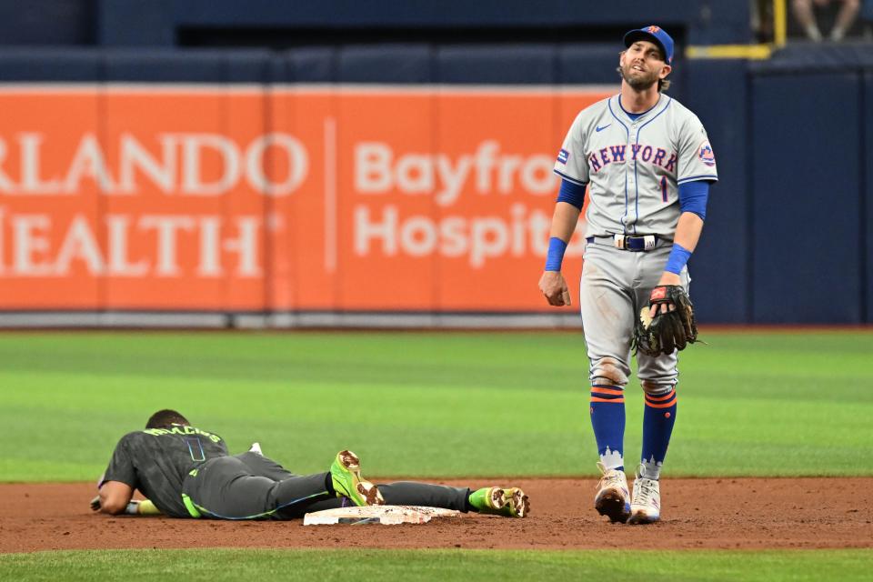 New York Mets second baseman Jeff McNeil (1) reacts after a call in the fourth inning against the Tampa Bay Rays on May 5, 2024, at Tropicana Field.