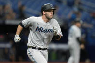 Miami Marlins' Jacob Stallings runs the bases after his two-run double off Tampa Bay Rays starting pitcher Drew Rasmussen during the fourth inning of a baseball game Wednesday, May 25, 2022, in St. Petersburg, Fla. (AP Photo/Chris O'Meara)