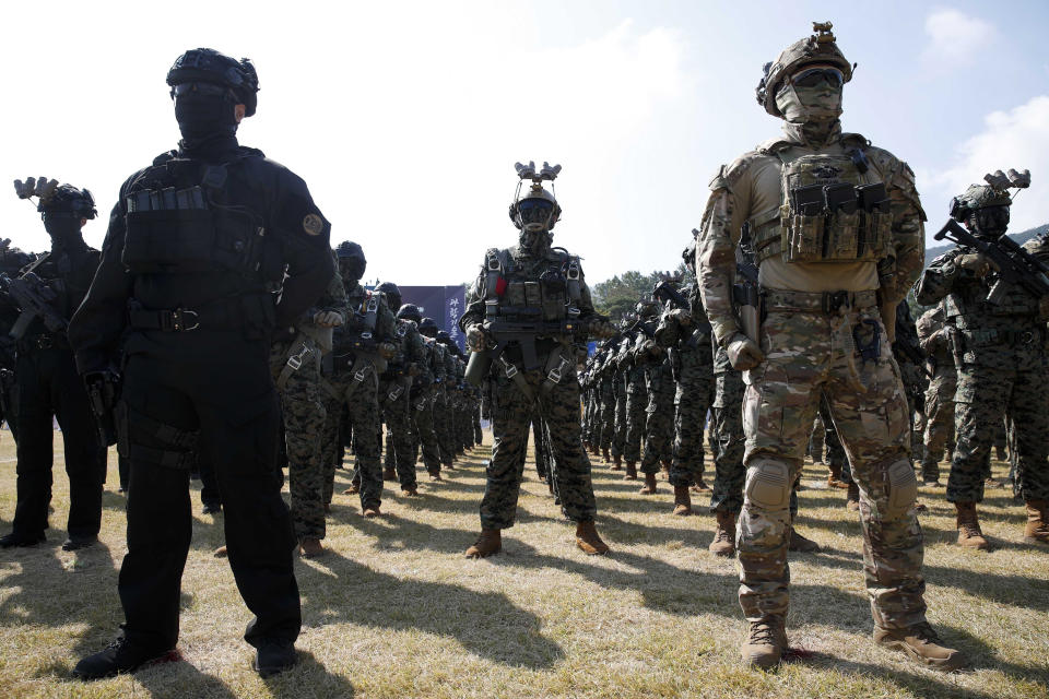 South Korean army soldiers participate in the media day for the 74th anniversary of Armed Forces Day at the military base in Gyeryong-City, South Korea, Thursday, Sept. 29, 2022. Armed Forces Day is observed on Saturday, Oct. 1. (Jeon Heon-Kyun/Pool Photo via AP)