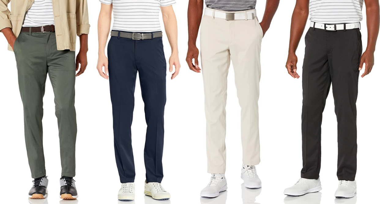 The Amazon Essentials Mens Slim-fit Stretch Golf Pant is winning over shoppers online. Images via Amazon.