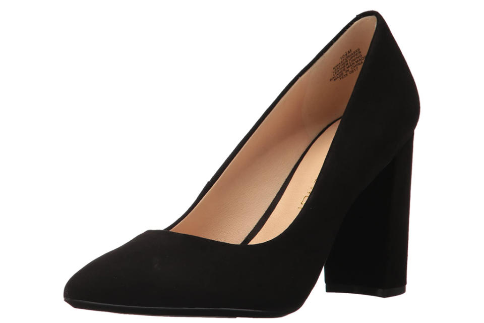 black, block heels, pumps, pointed-toe, suede, nine west