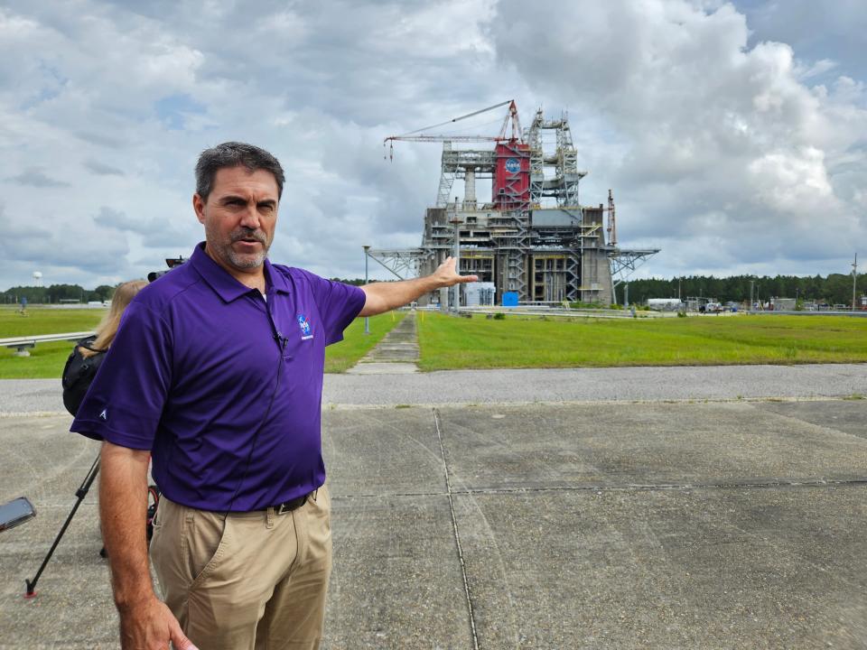 Test Stand Director Ryan Roberts talks about upper stage engine testing at the B-2 stand at NASA's Stennis Space Center in Hancock County, Miss., Wednesday, March 10, 2023.