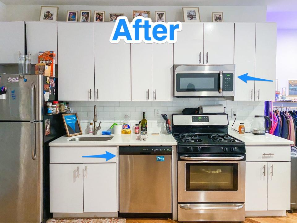 Blue text says "after" at the top of a photo of a kitchen with white cabinets and stainless steel appliances