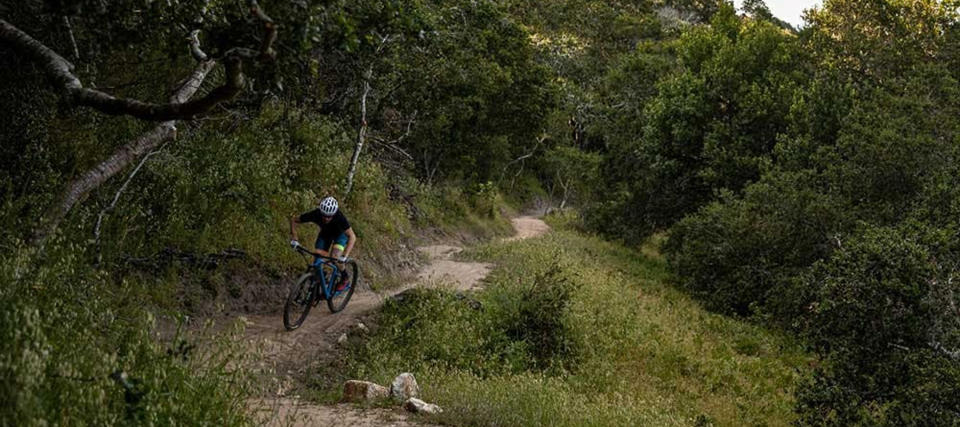  A mountain bike rider climbing an uphill trail 