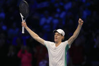 Italy's Jannik Sinner celebrates after defeating Russia's Daniil Medvedev during their singles semifinal tennis match of the ATP World Tour Finals at the Pala Alpitour, in Turin, Italy, Saturday, Nov. 18, 2023. (AP Photo/Antonio Calanni)