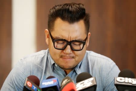 James Lim speaks about his father, Pastor Hyeon Soo Lim, who returned to Canada from North Korea after the DPRK released Lim on August 9 from being held for 31 months, during a news conference at the Light Presbyterian Church in Mississauga, Ontario, Canada August 12, 2017. REUTERS/Mark Blinch