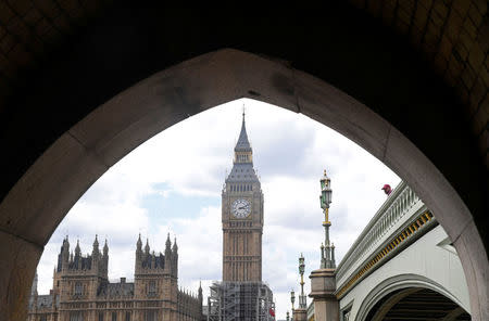 The Elizabeth Tower, which houses the Great Clock and the 'Big Ben' bell, at the Houses of Parliament, is seen at the end of Westminster Bridge, in central London, Britain, August 16, 2017. REUTERS/Toby Melville