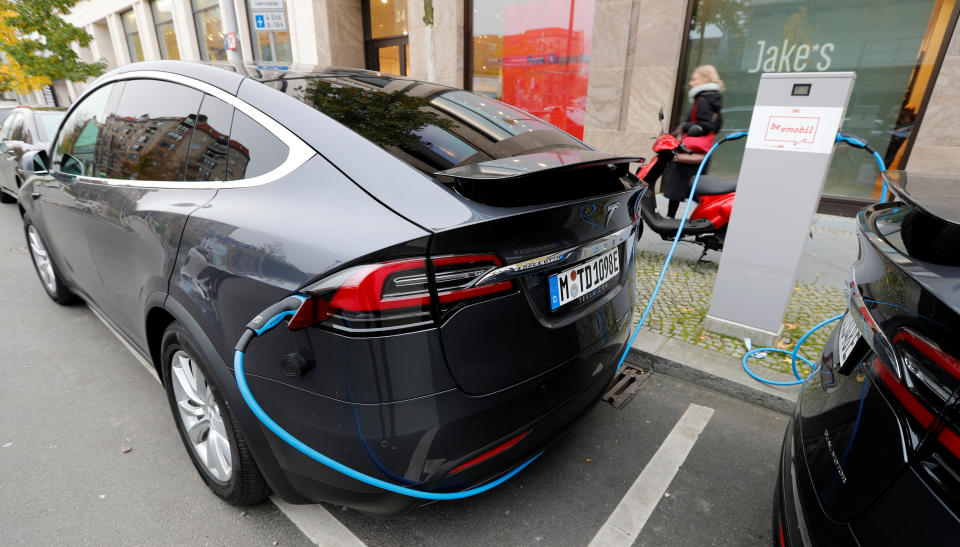 Tesla Model X electric cars recharge their batteries in Berlin, Germany, November 13, 2019.    REUTERS/Fabrizio Bensch