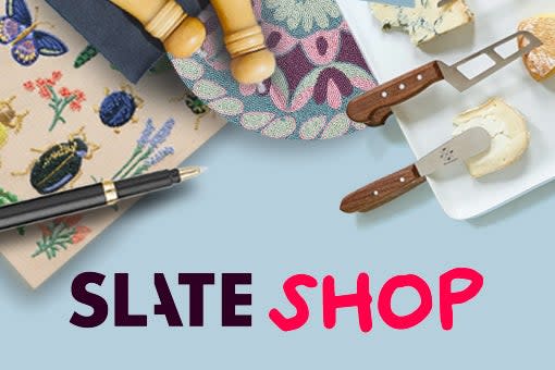 An illustration of several household items—a pen, a placemat, a napkin, a cutting board, knives, salt and pepper shakers—with the words "Slate shop" underneath.