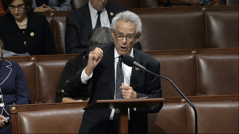 Rep. Alan Lowenthal, D-Calif., speaks as the House of Representatives debates the articles of impeachment against President Donald Trump at the Capitol in Washington, Wednesday, Dec. 18, 2019. (House Television via AP)