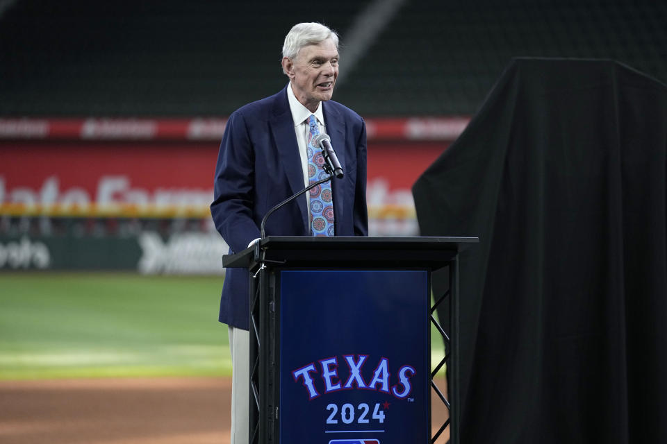 Ray Davis, Managing Partner & Majority Owner of the Texas Rangers makes comments before the unveiling of the 2024 MLB All-Star game logo, Thursday, July 20, 2023, in Arlington, Texas. Major League Baseball and the Rangers on Thursday unveiled the logo for next year's All-Star Game at Globe Life Field. (AP Photo/Tony Gutierrez)
