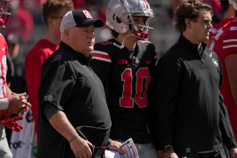 Ohio State offensive coordinator Chip Kelly looks on during warmups on Saturday.