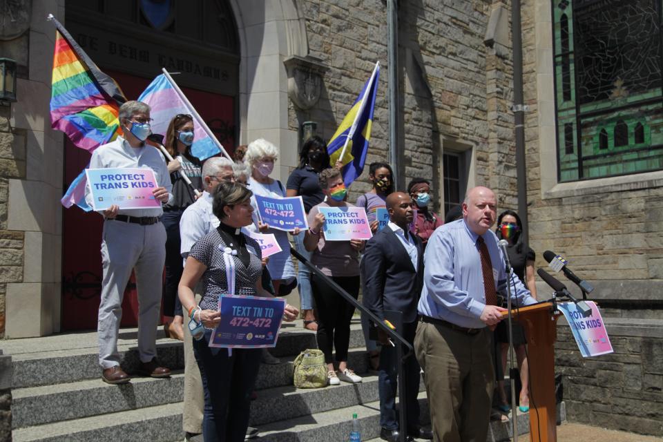 Parents of transgender children and LGBTQ rights advocates gathered at the First Lutheran Church to protest Tennessee's slate of anti-LGBTQ bills signed into law in 2021.