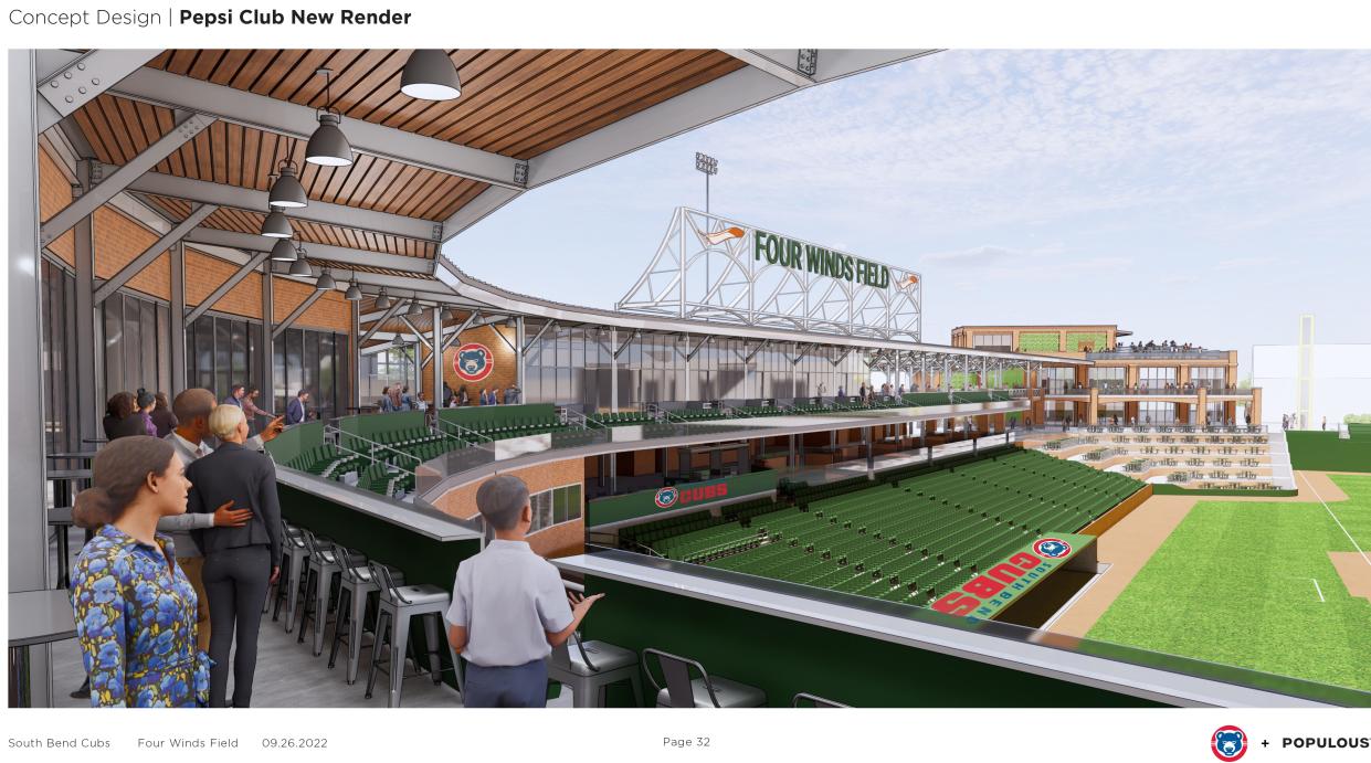 This is an artist's rendering of the improvements envisioned for Four Winds Field according to Andrew Berlin, owner of the South Bend Cubs minor league team in South Bend. If approved by the city, Berlin said the hope is to begin construction at the end of the 2024 Midwest League baseball season. Image provided/South Bend Cubs