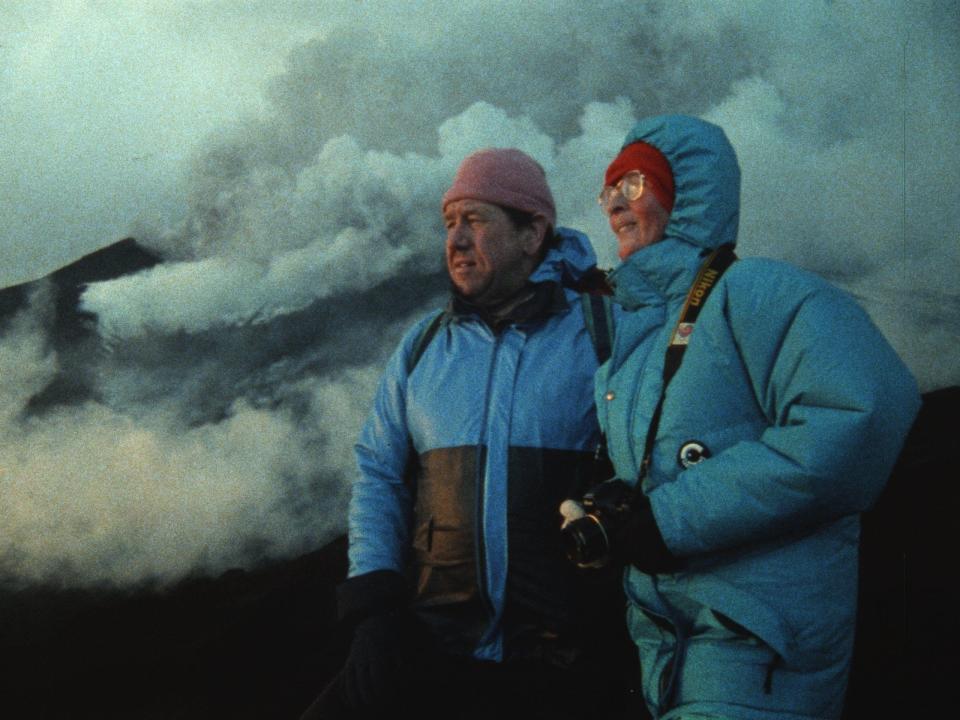 Volcanologists Katia and Maurice Krafft in a scene from "Fire of Love."